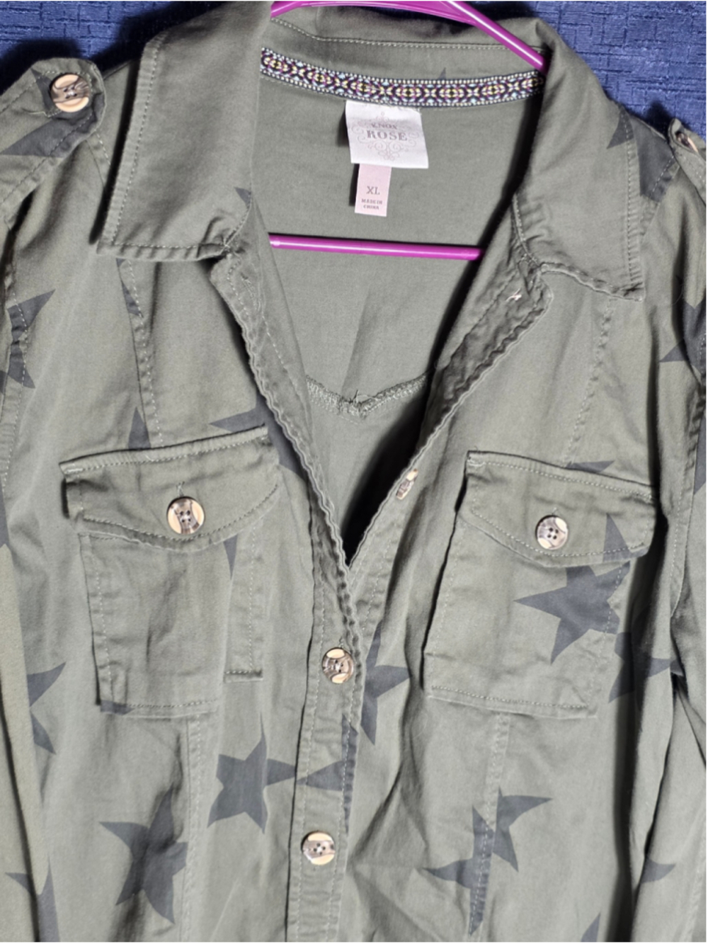 Women's Knox Rose Olive Green Star Print Utility Jacket XL rock y2k 90's - Picture 8 of 9